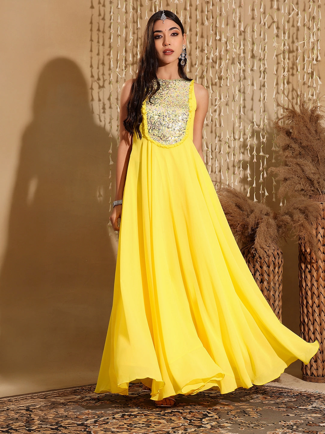 Timeless Energy Neutral Form Women's Yellow Round Neck Sleeveless Embellished Frilled Georgette Maxi Dress