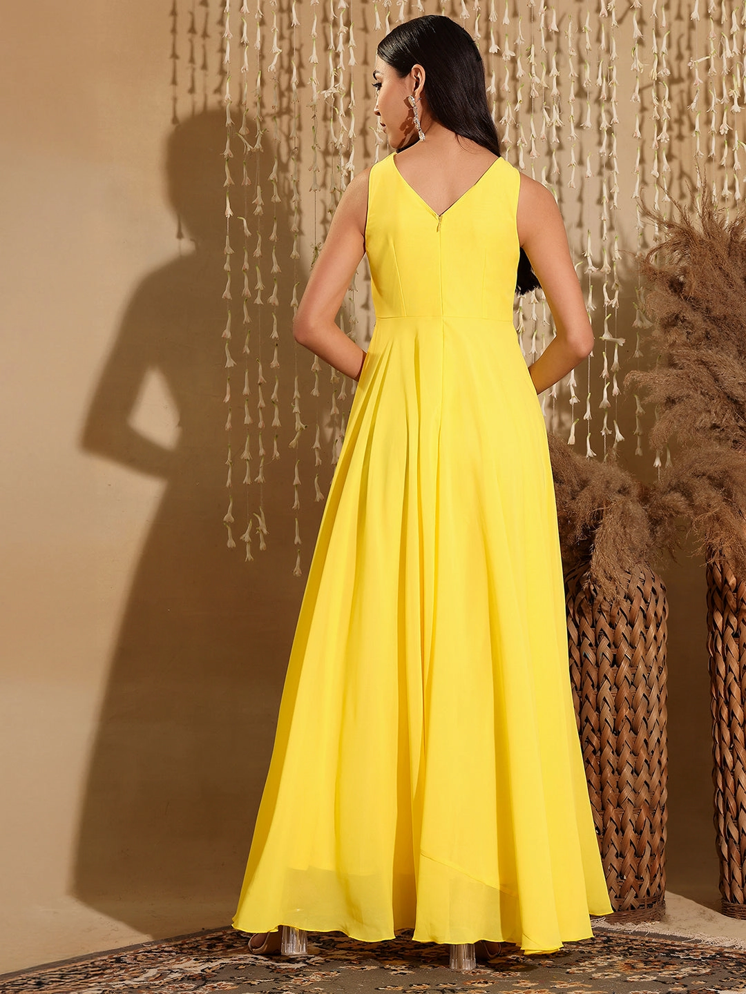 Lounge Fit Women's Yellow Round Neck Sleeveless Embellished Frilled Georgette Maxi Dress