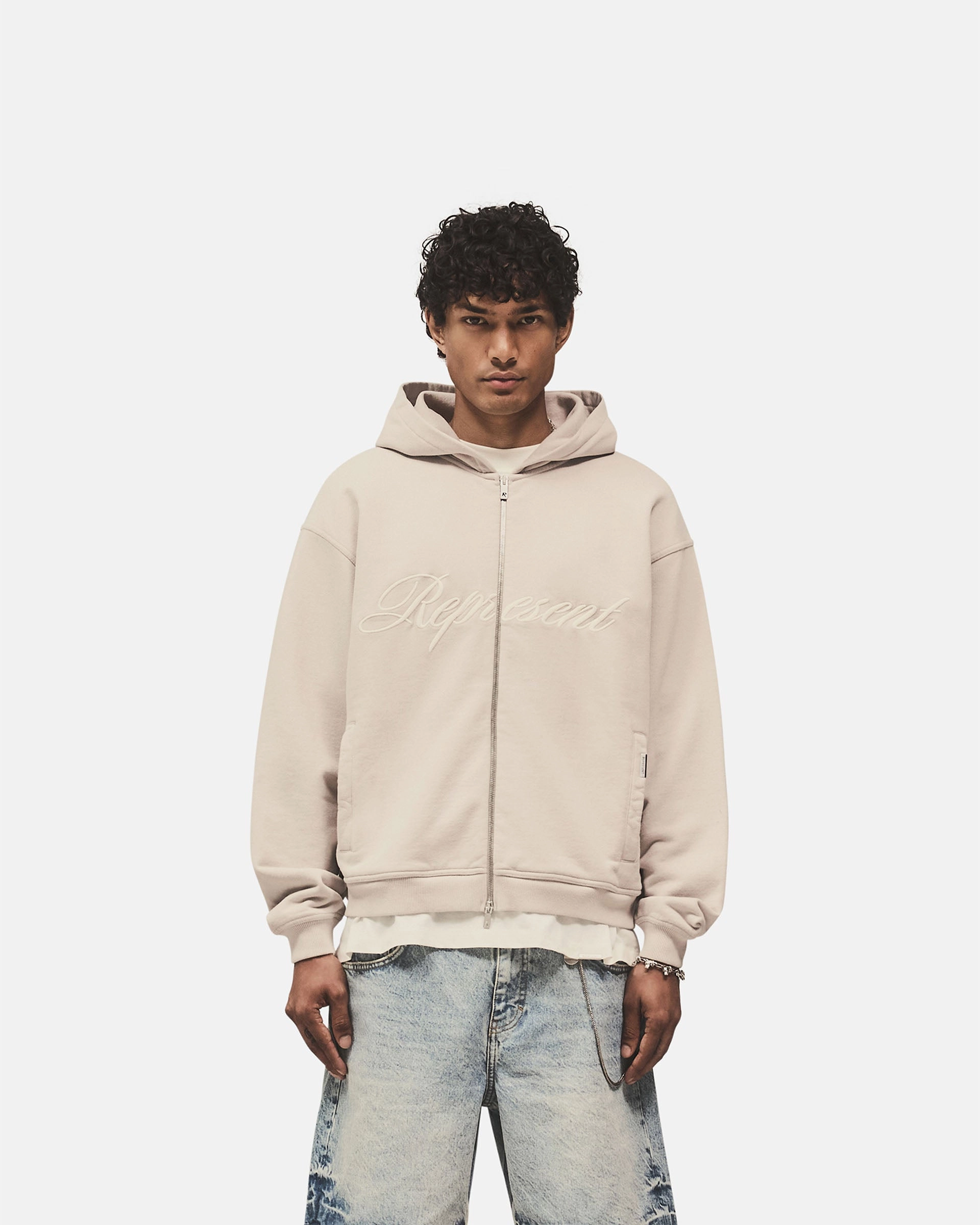 thermal fabric Pockets Script Logo Zip Hoodie - Concrete