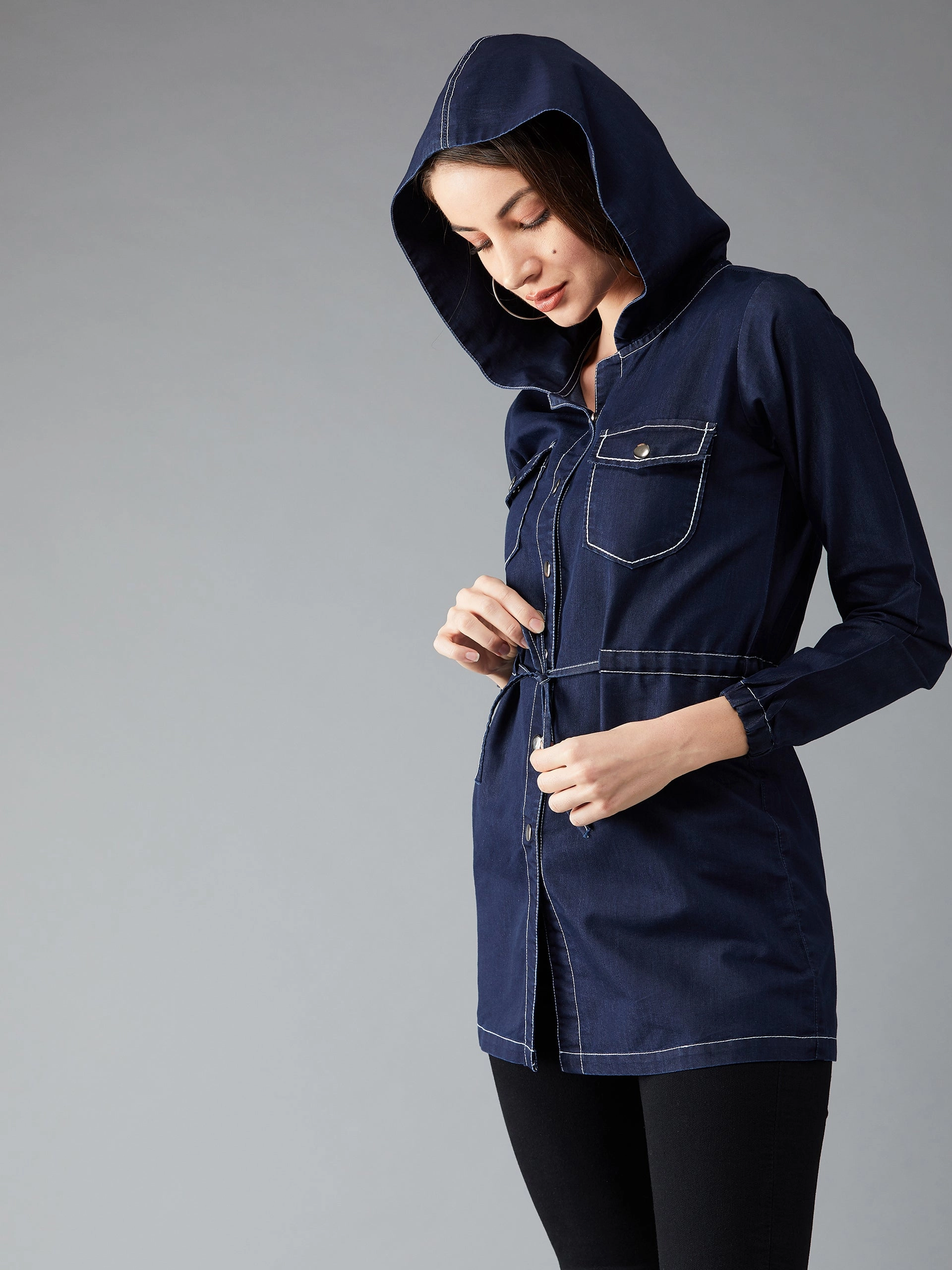 Waterproof Zipper Women's Navy Round Neck Full Sleeve Solid Long hoodie with tie-up Regular Jacket