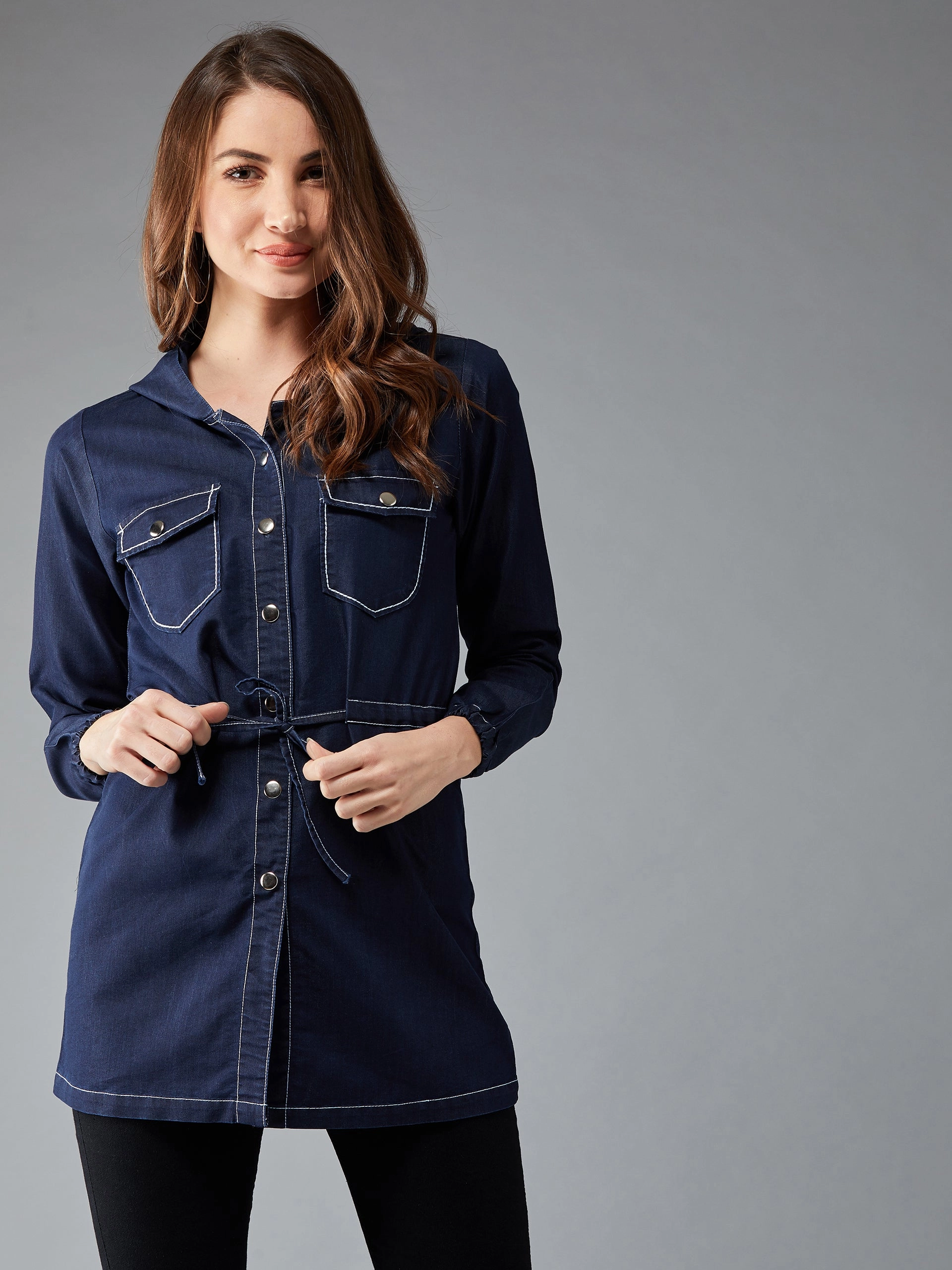 Women's Navy Round Neck Full Sleeve Solid Long hoodie with tie-up Regular Jacket Comfy Fit Basic Travel Fit