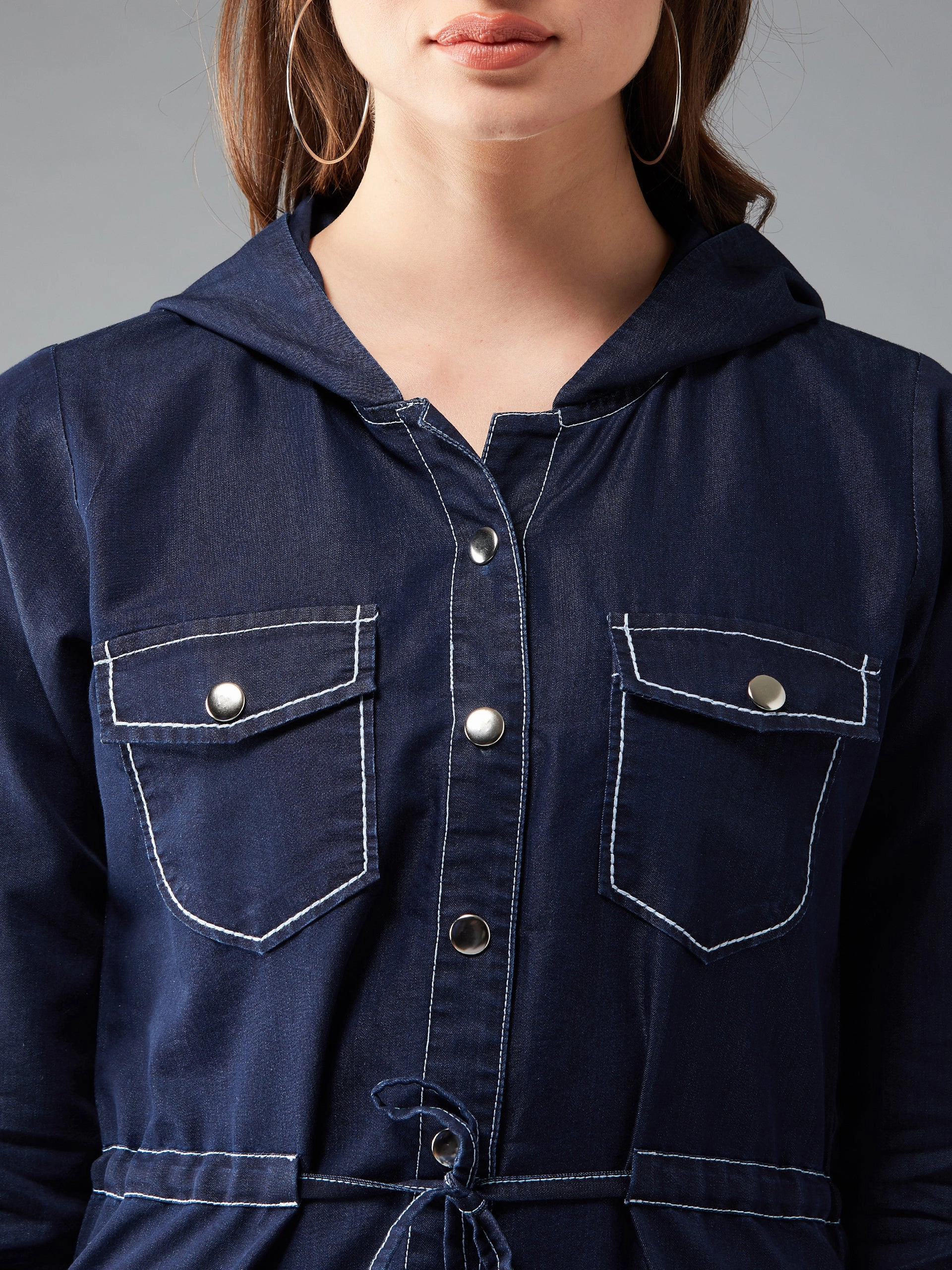 Women's Navy Round Neck Full Sleeve Solid Long hoodie with tie-up Regular Jacket Hooded Comfort Fit