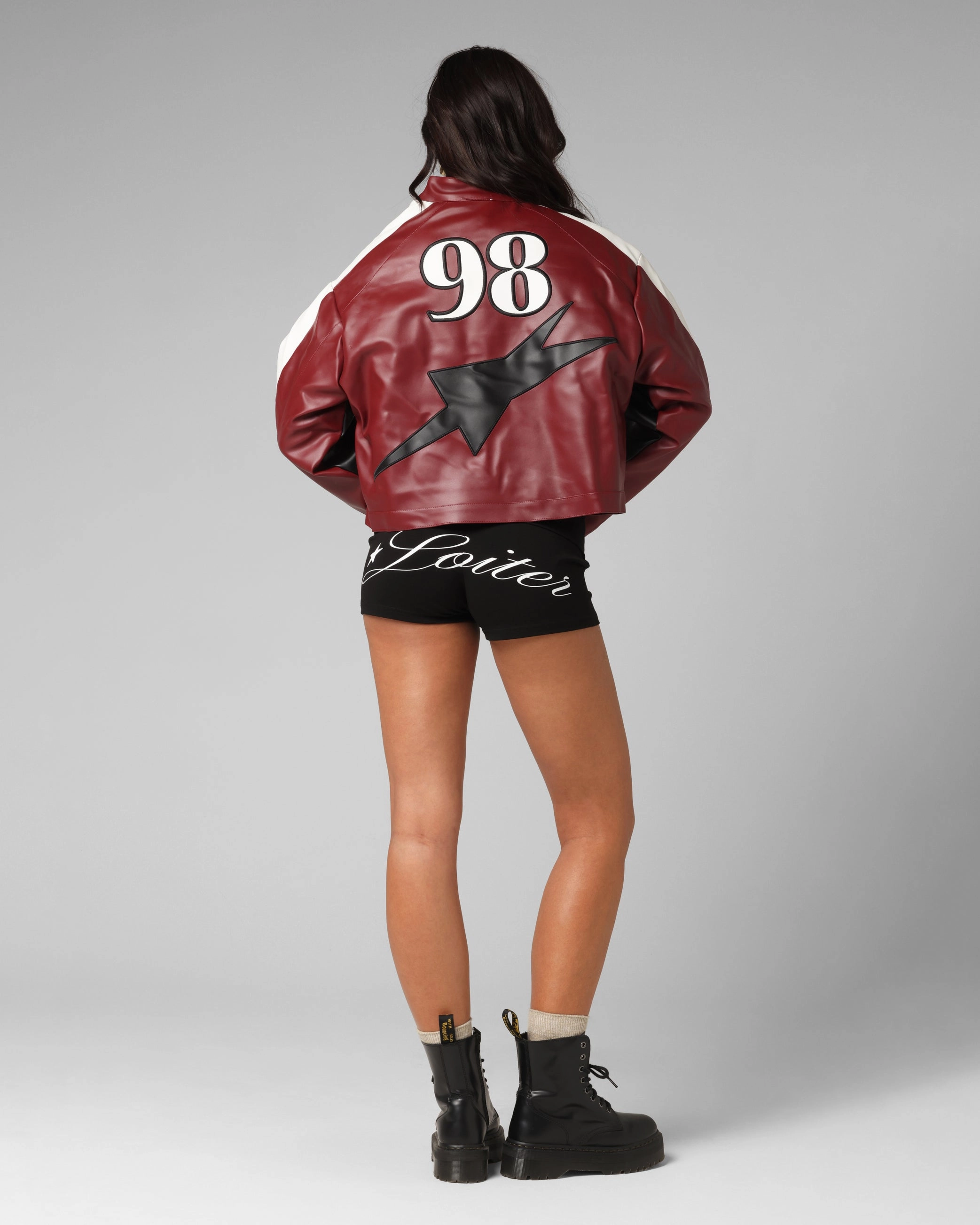 Loiter Women's Engine Cropped Vegan Leather Jacket Red Garment Washed Finish Reinforced Shoulder Seams