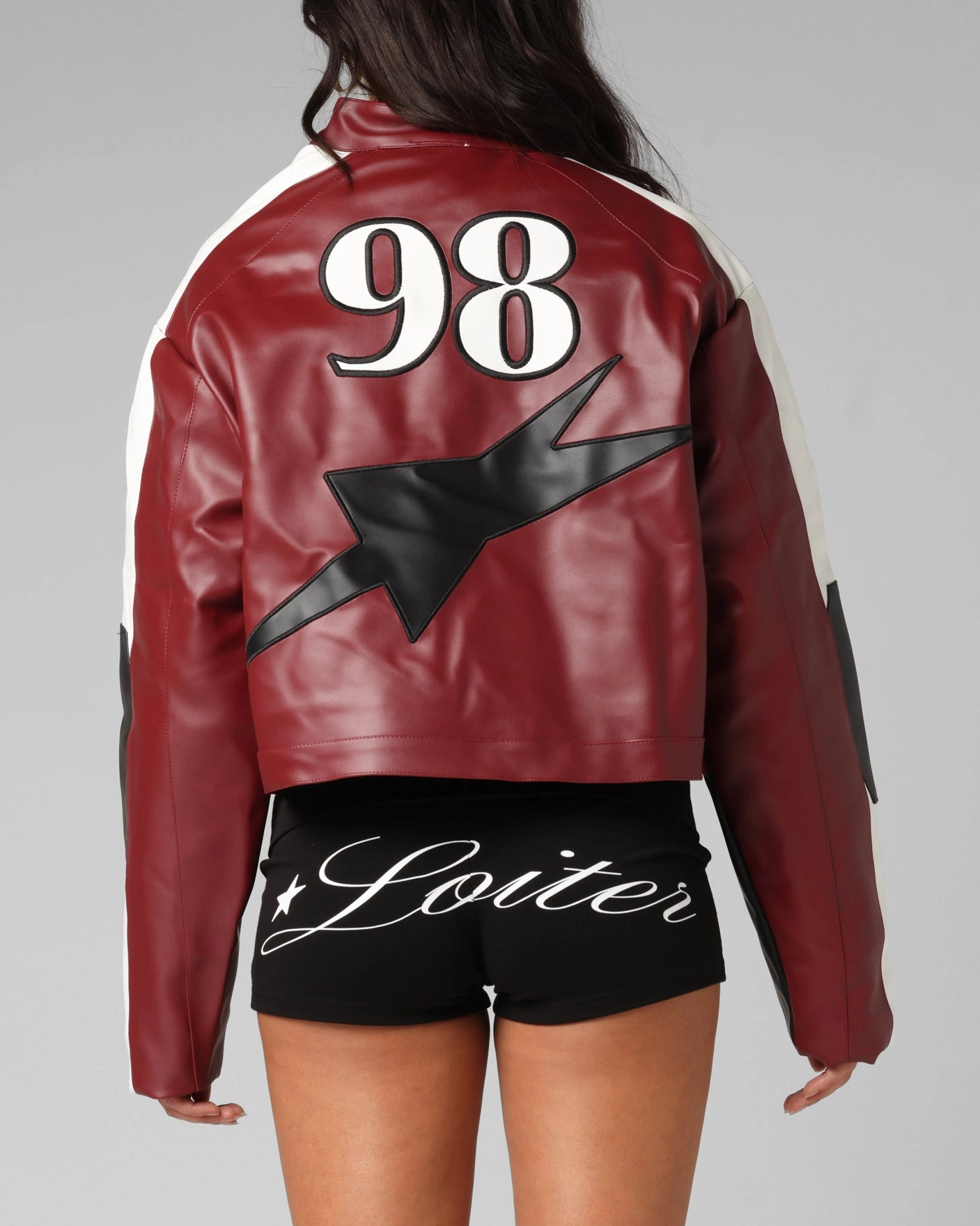 Loiter Women's Engine Cropped Vegan Leather Jacket Red YarnDye Technique