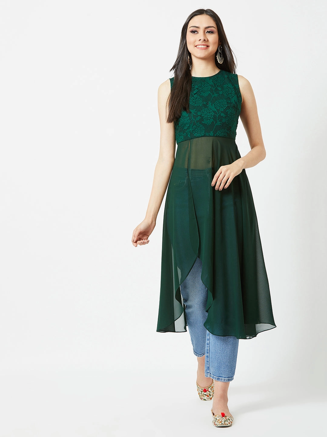 Women's Forest Green Round Neck Sleeveless Solid Lace Overlaid Maxi Top Stylish Tank Flowing Design