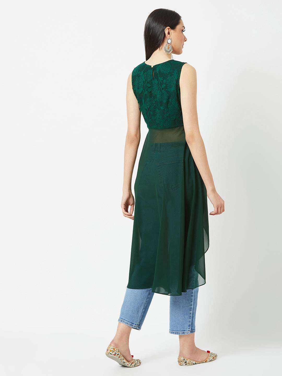FadeResistant Everyday Jacket Women's Forest Green Round Neck Sleeveless Solid Lace Overlaid Maxi Top