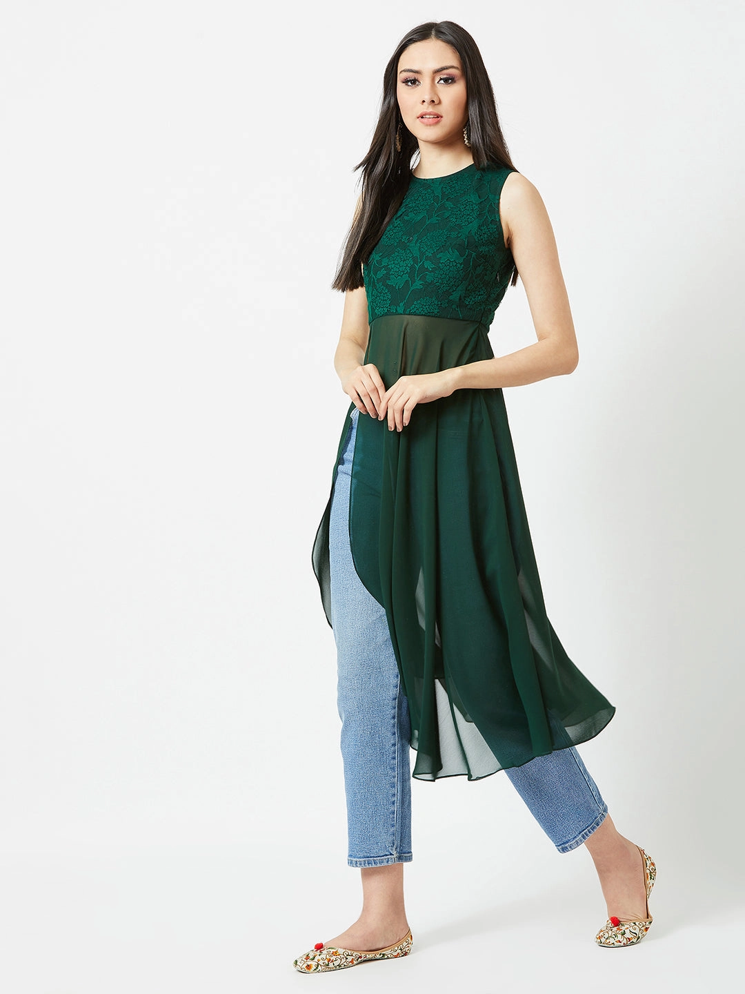 Women's Forest Green Round Neck Sleeveless Solid Lace Overlaid Maxi Top Flexible Material