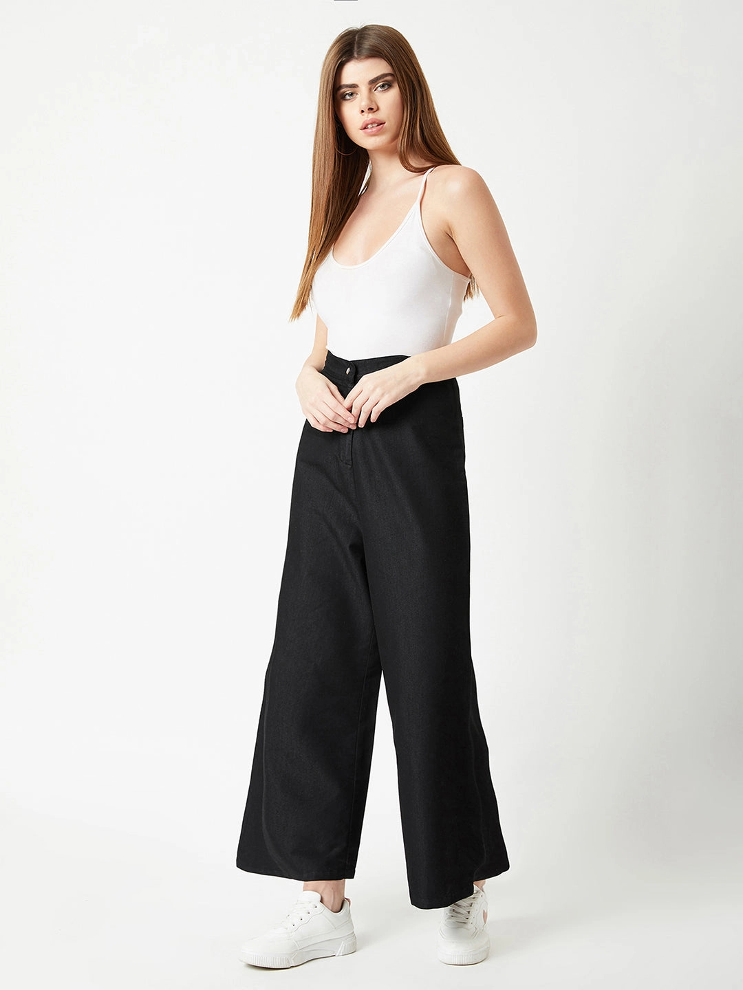 Comfy Texture Women's Black Wide-Leg High-Rise Light Weight Clean-Look Regular Length Denim Pants