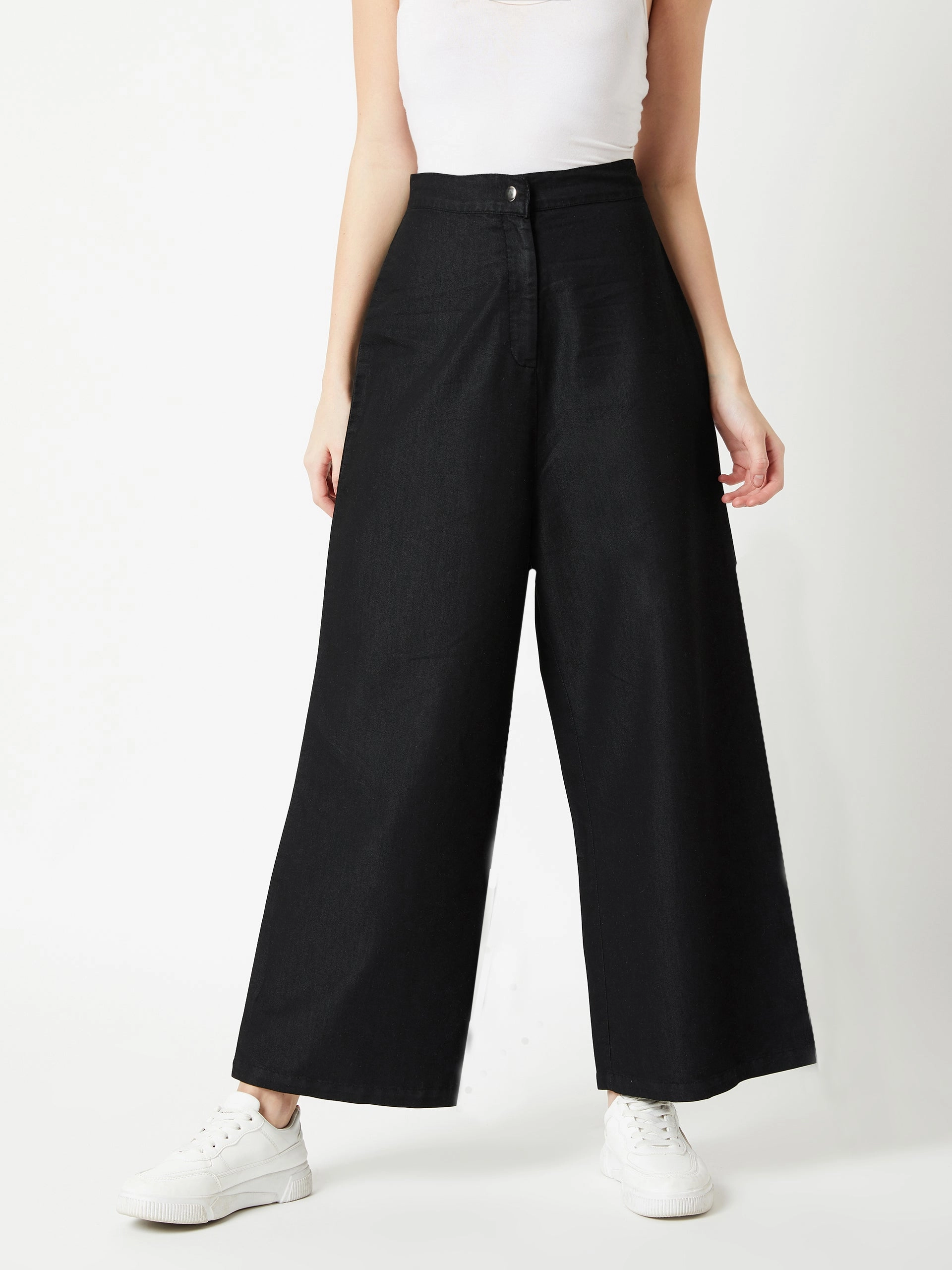 Women's Black Wide-Leg High-Rise Light Weight Clean-Look Regular Length Denim Pants Stretch Movement