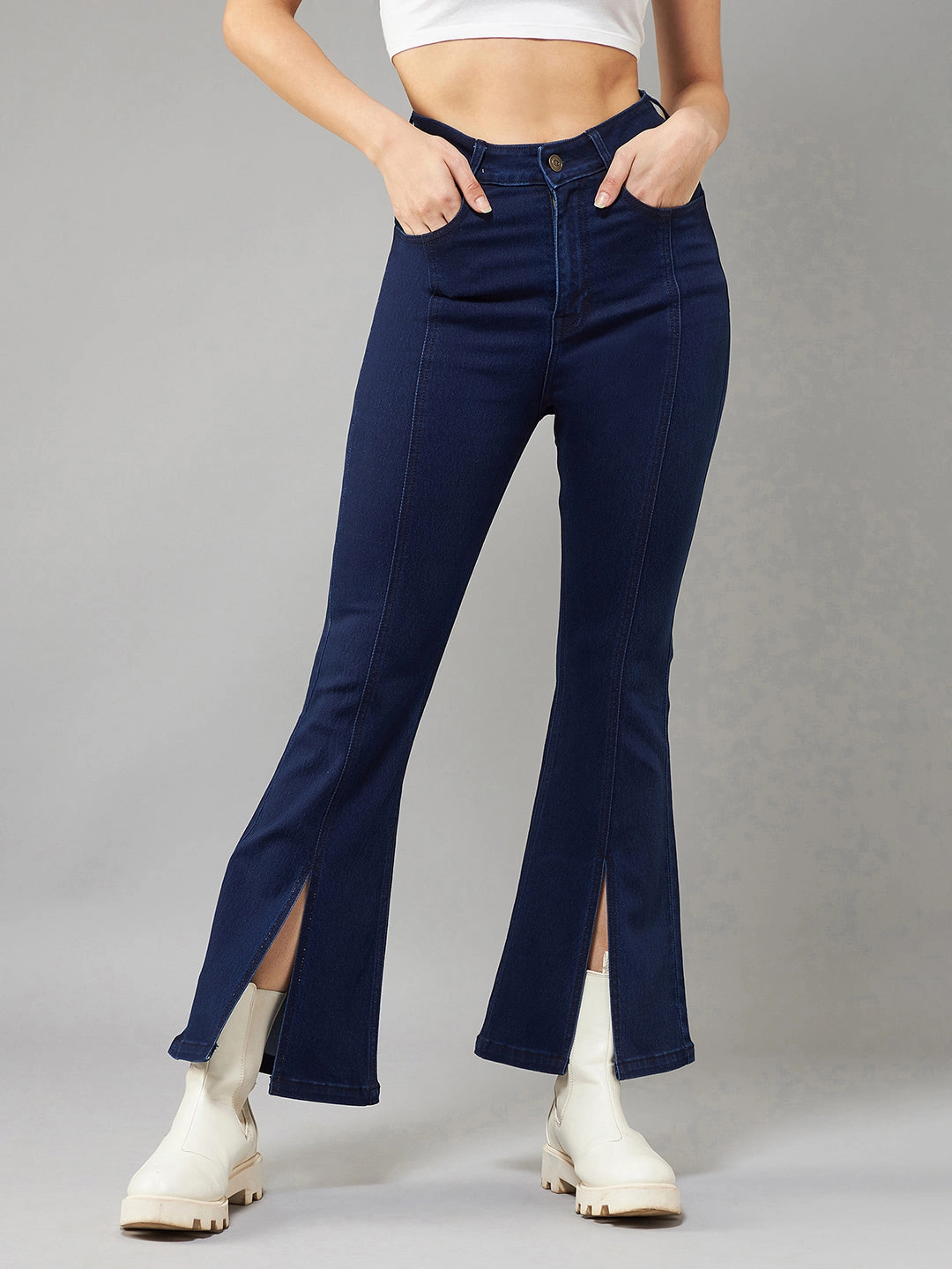 Durable Eco Friendly 24/7 Comfort Navy-Blue Bell-Bottom Bootcut High-Rise Slit Stretchable Denim Jeans