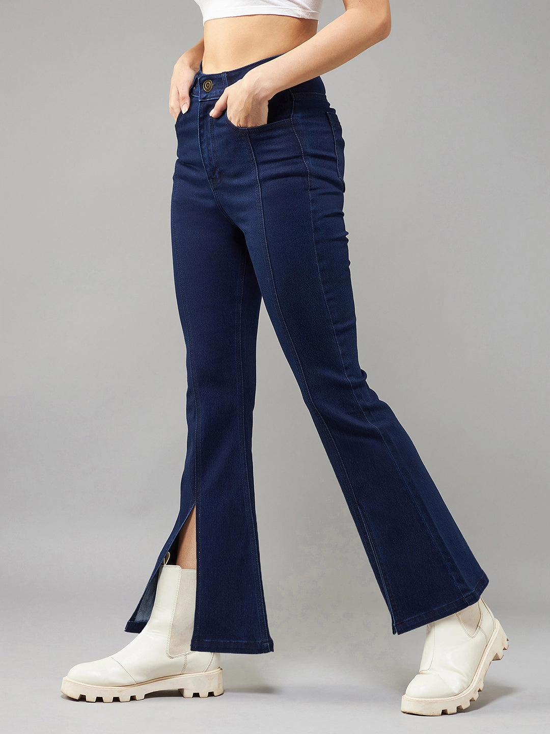 Basic Necessity 24/7 Comfort Navy-Blue Bell-Bottom Bootcut High-Rise Slit Stretchable Denim Jeans
