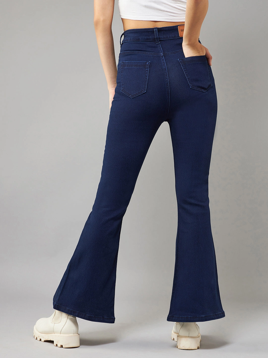 Simple Attire 24/7 Comfort Navy-Blue Bell-Bottom Bootcut High-Rise Slit Stretchable Denim Jeans