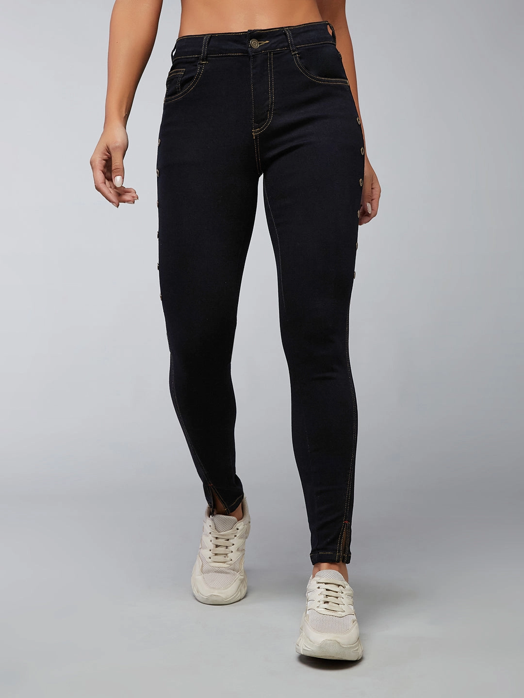 Women's Black Skinny High-Rise Side-Slit Solid Eyelet Embellished Cropped-Length Stretchable Denim Jeans Quality Basic Minimalist Daily Wear Loose