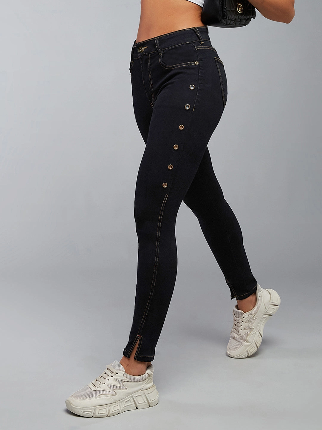 Women's Black Skinny High-Rise Side-Slit Solid Eyelet Embellished Cropped-Length Stretchable Denim Jeans Daily Function