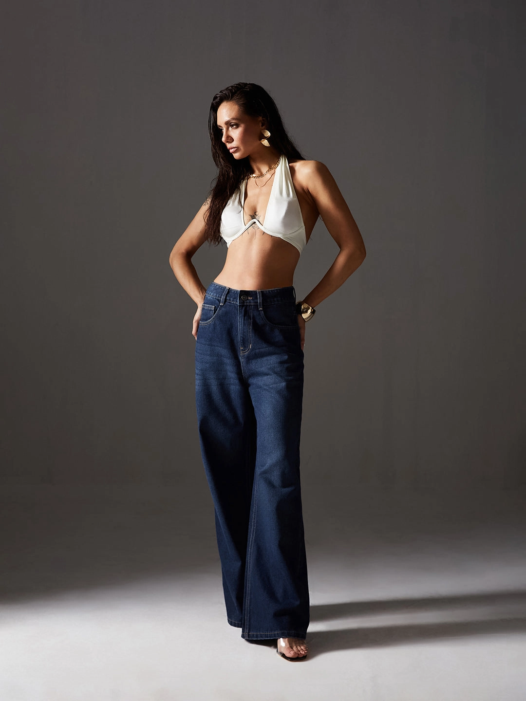 Sleek Option Chill Outfit Relaxed Style Earthy Women's Navy-Blue Wide-Leg High-Rise Clean-Look Regular-Length Denim Jeans