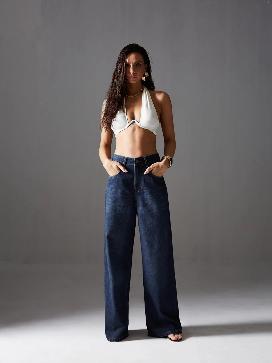 Utility Fit Spring Mood Party Look Classic Women's Navy-Blue Wide-Leg High-Rise Clean-Look Regular-Length Denim Jeans