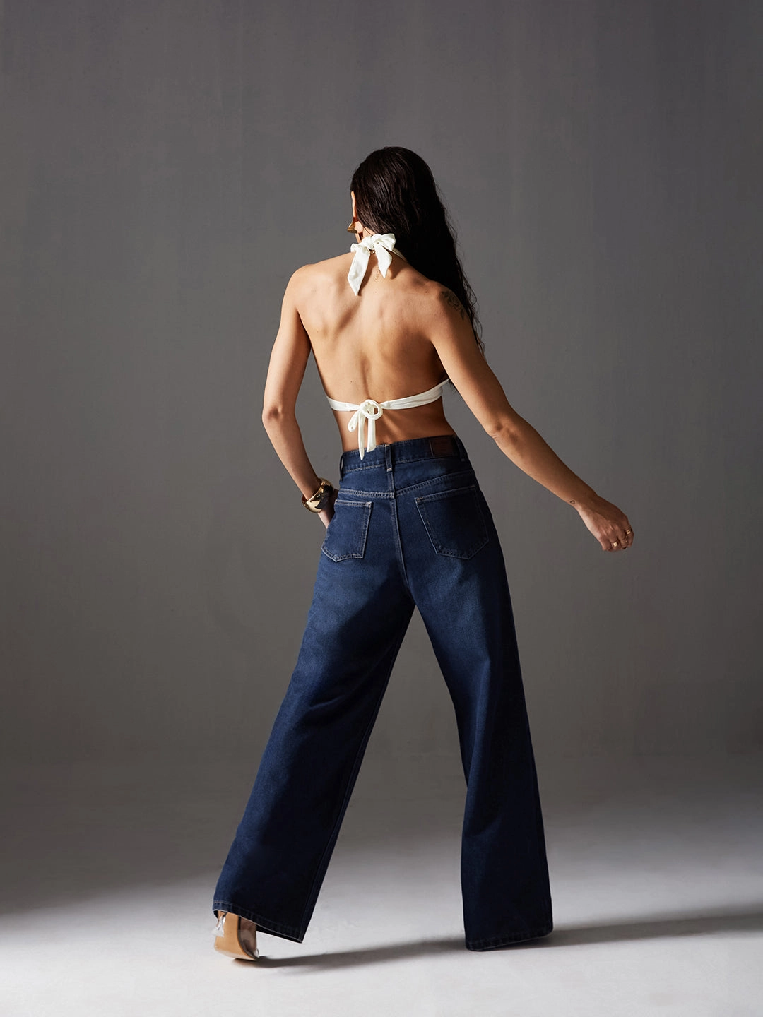 Women's Navy-Blue Wide-Leg High-Rise Clean-Look Regular-Length Denim Jeans Eco Friendly Denim