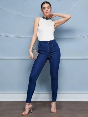 Always Fits Breathable Weekend Warrior Travel Outfit CHASEstretch? Navy-Blue Skinny High-Rise Denim Jeans