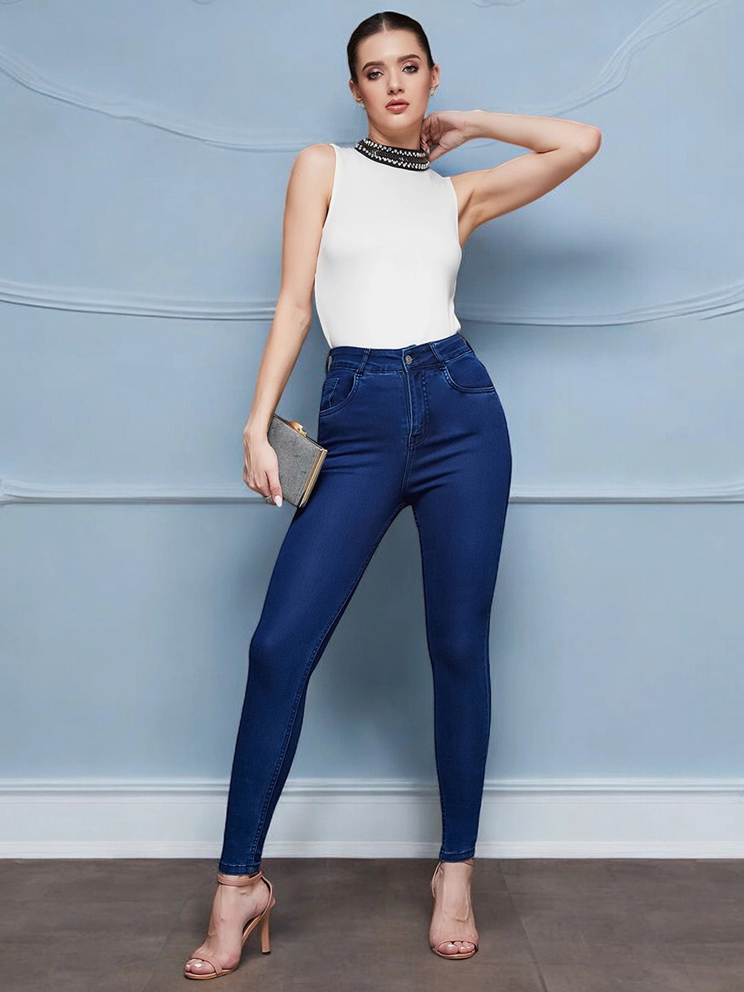 Always Fits Breathable Weekend Warrior Travel Outfit CHASEstretch? Navy-Blue Skinny High-Rise Denim Jeans