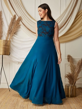 Lightweight Piece Neutral Look Royal Blue Round-Neck Sleeveless Floral Lace-Overlaid Fit & Flare Georgette Maxi Dress