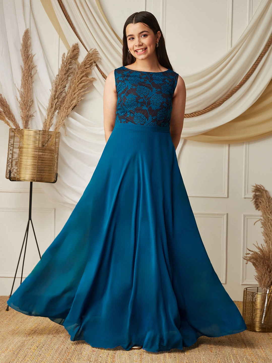 Sophisticated Vibe Quiet Sweet Royal Blue Round-Neck Sleeveless Floral Lace-Overlaid Fit & Flare Georgette Maxi Dress