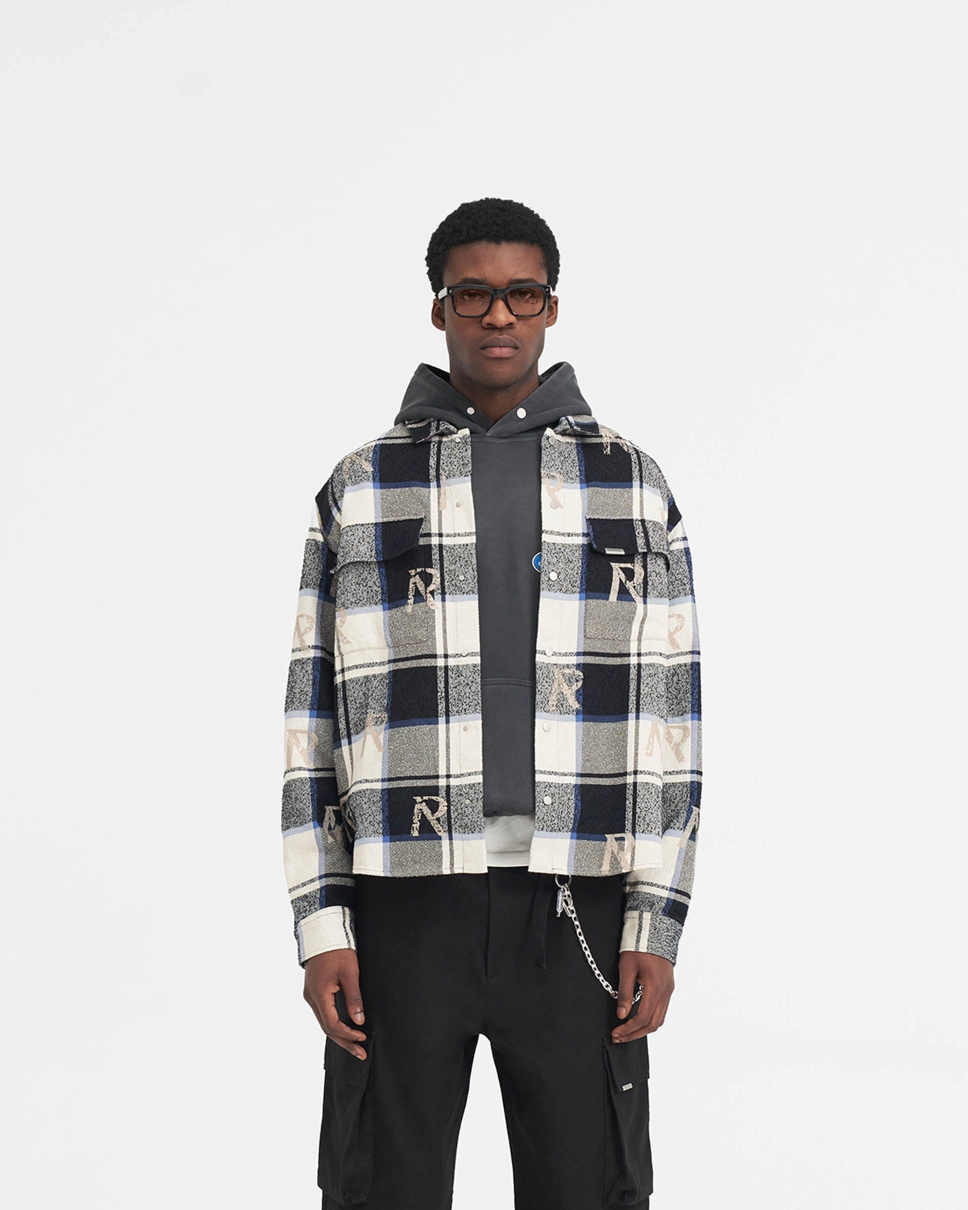 Waffle Weave Active Fit All Over Initial Flannel Shirt - Blue Check