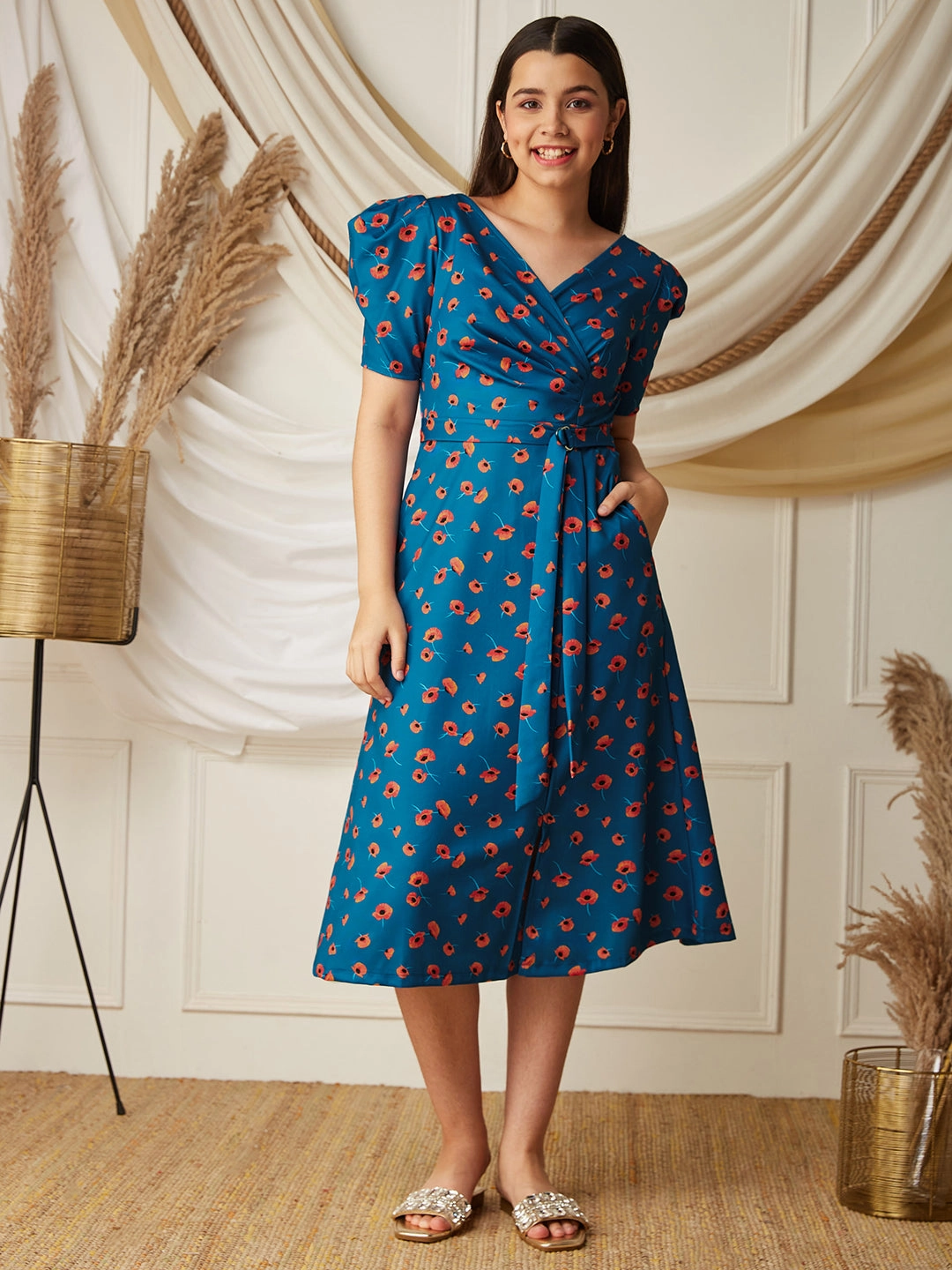 Multicolored-Base-Blue V-Neck Pleated Puff Sleeve Floral Patterned Wrap Midi Polyester Dress Flow Ready