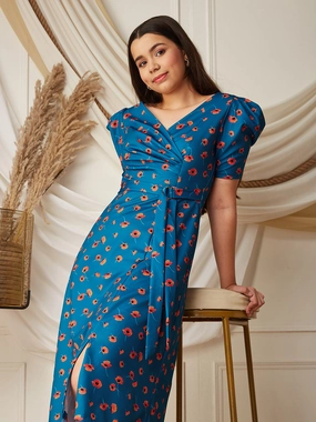 Multicolored-Base-Blue V-Neck Pleated Puff Sleeve Floral Patterned Wrap Midi Polyester Dress Anniversary-Event Work Look