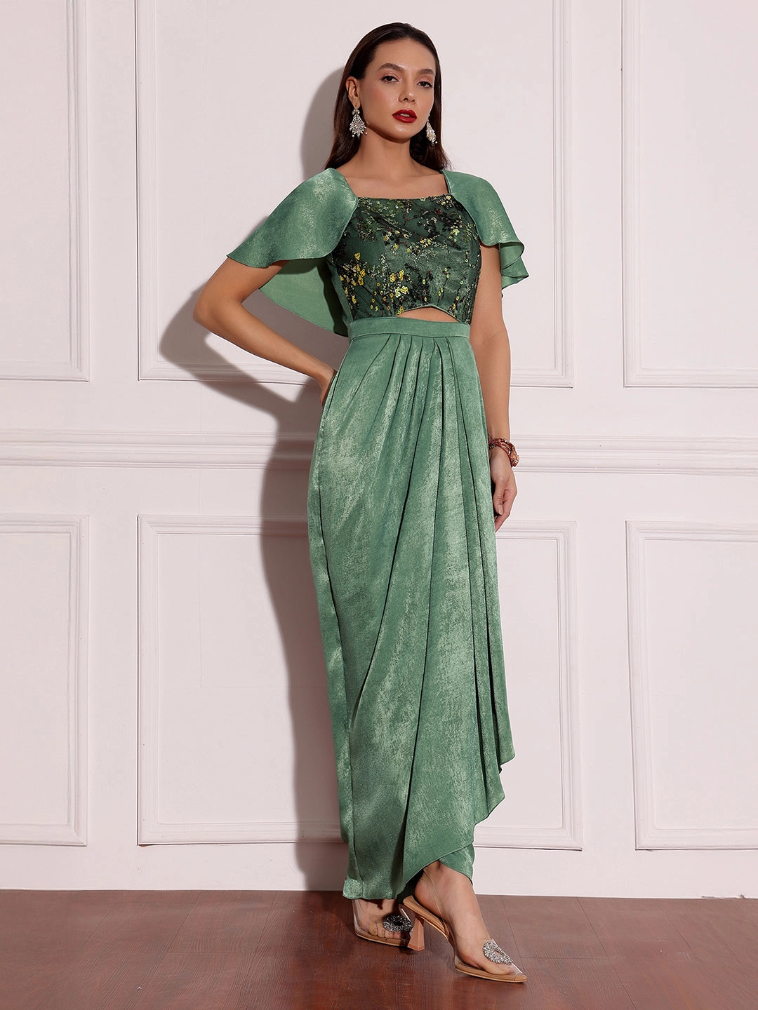 Moment Glow Khakar Meadow Sage Green Embellished Satin Maxi Dress
