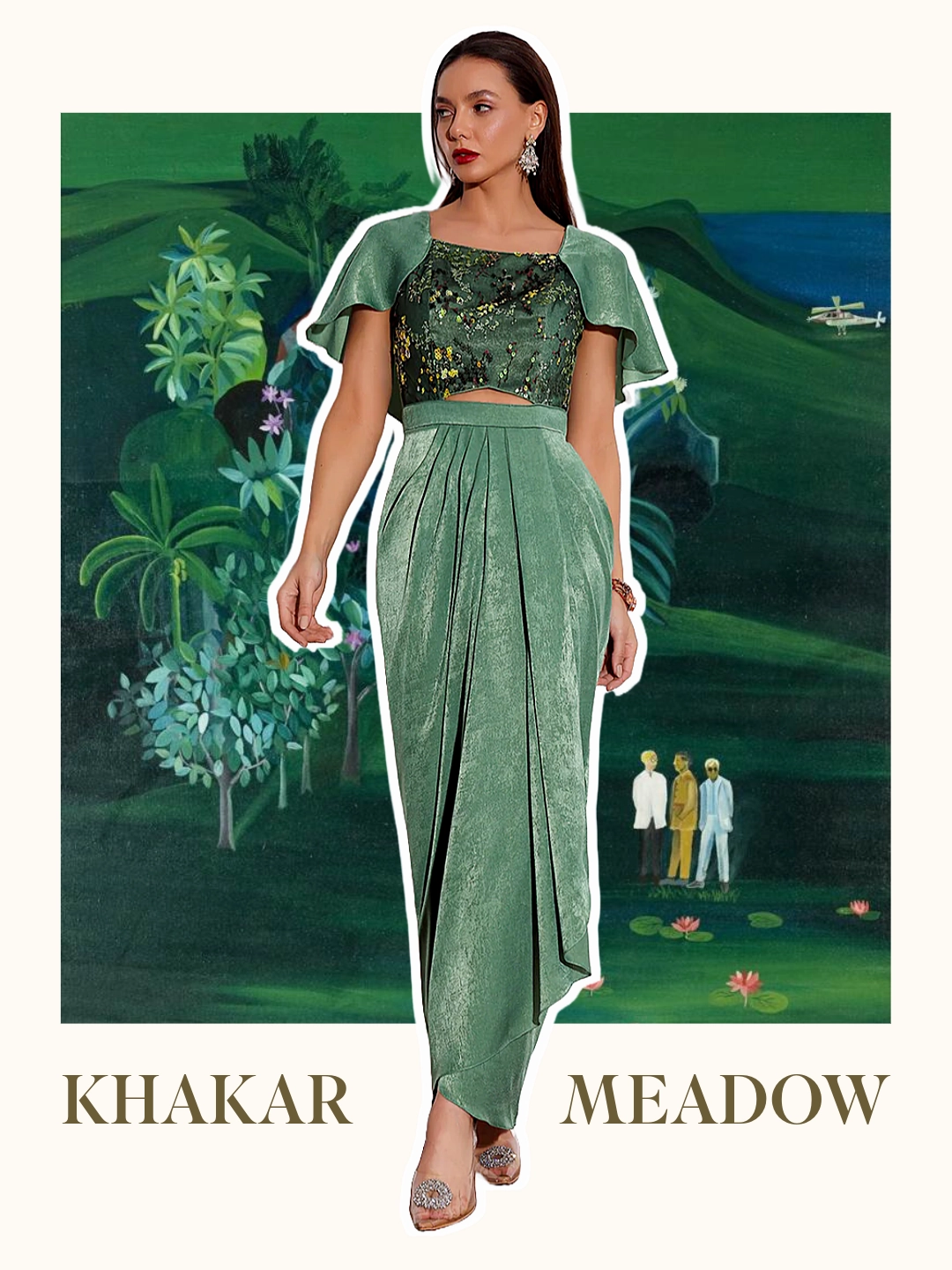 Comfy Look Khakar Meadow Sage Green Embellished Satin Maxi Dress
