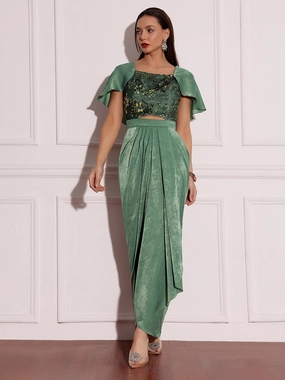 Light Cloud Effortless Look Khakar Meadow Sage Green Embellished Satin Maxi Dress