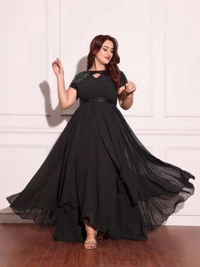 Women's Black Keyhole-Neck Short-Sleeved Embellished Layered Georgette Maxi Dress Polished Edge
