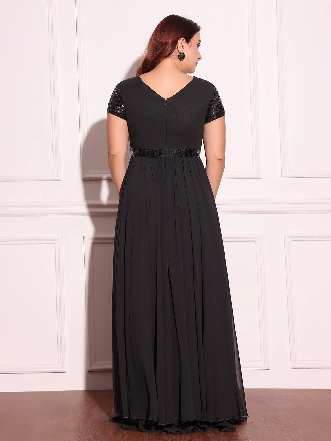 Art Spirit Women's Black Keyhole-Neck Short-Sleeved Embellished Layered Georgette Maxi Dress