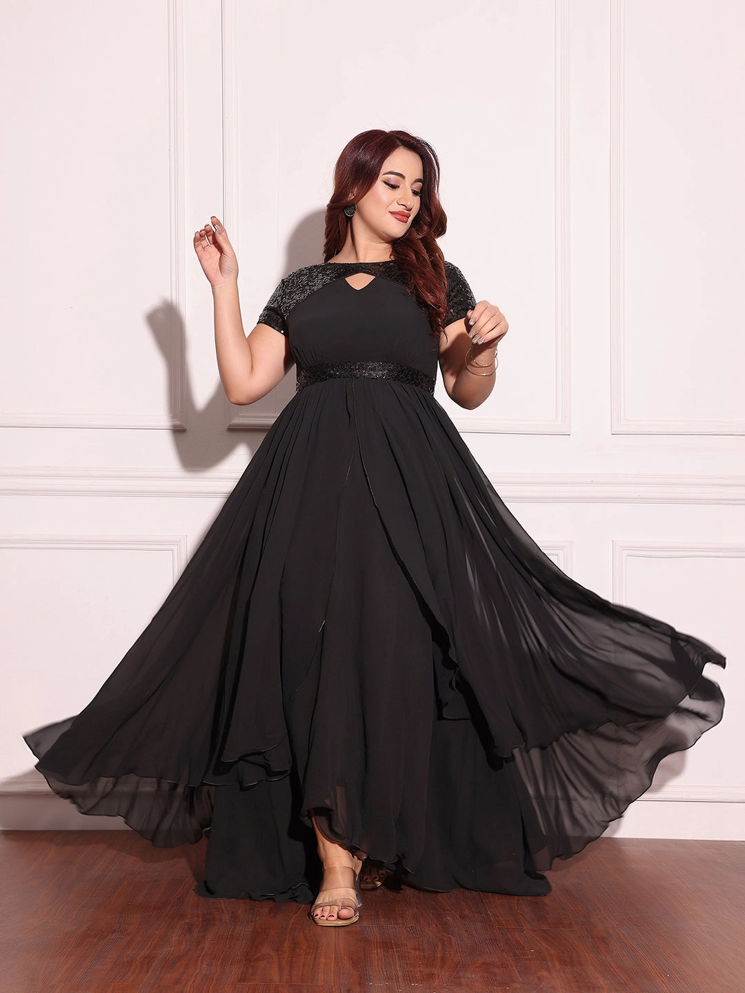 Women's Black Keyhole-Neck Short-Sleeved Embellished Layered Georgette Maxi Dress Polished Edge