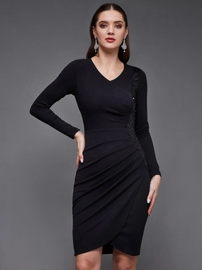 Women's Black V-Neck Full Sleeve Embellished Wrap-Styled Party Knee-Long Dress Elegant Outline