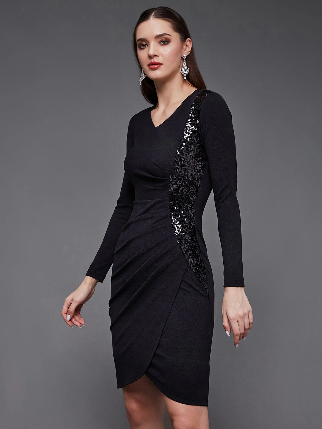 Women's Black V-Neck Full Sleeve Embellished Wrap-Styled Party Knee-Long Dress Easy Draping Stylish Line