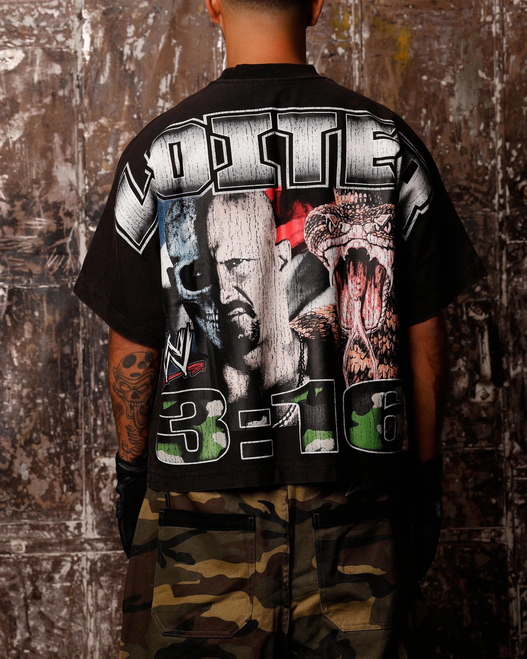 Loiter X WWE Stone Cold Vintage T-Shirt Vintage Black Weighted Hem Design