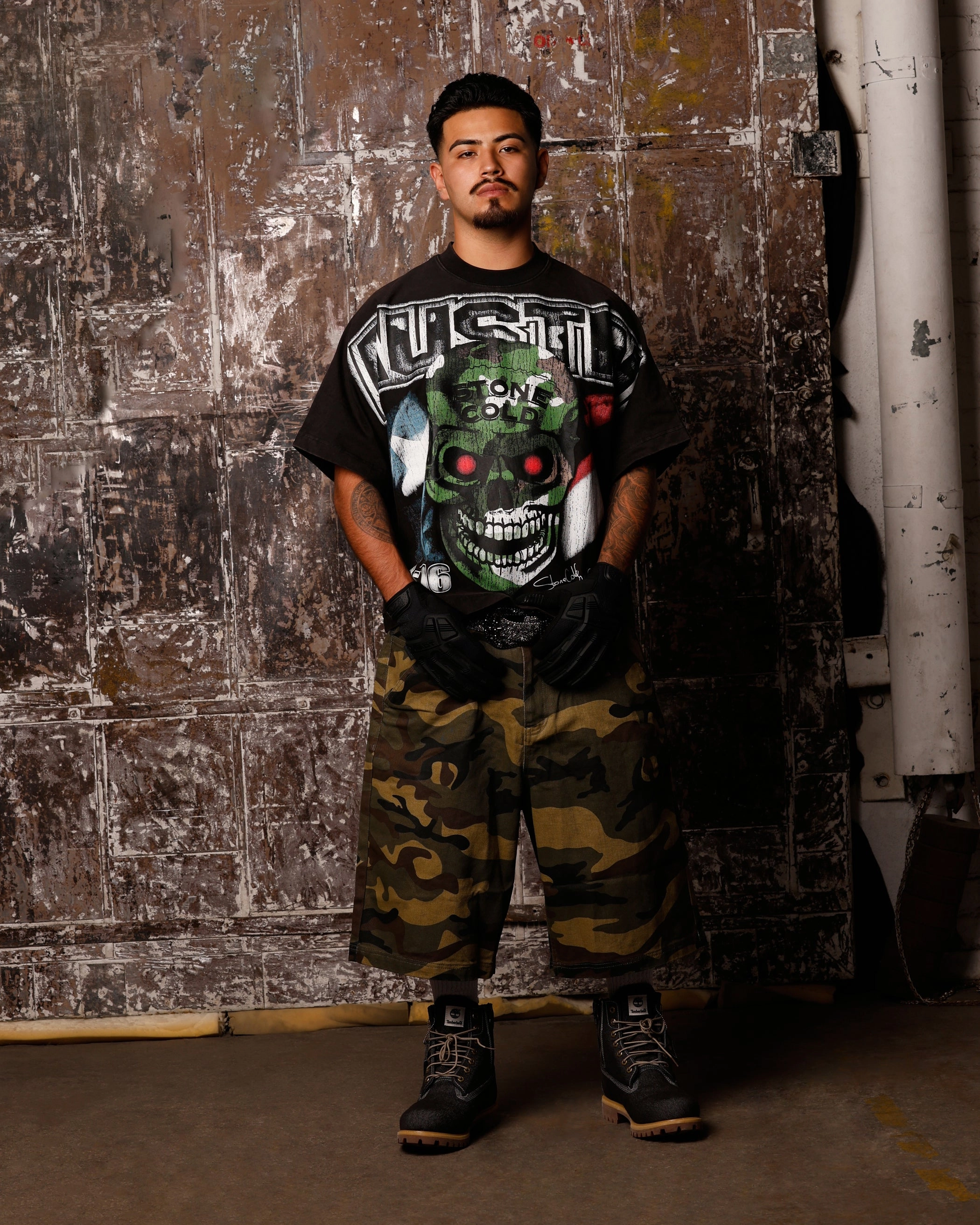 Loiter X WWE Stone Cold Vintage T-Shirt Vintage Black Contrast Stitch Detailing