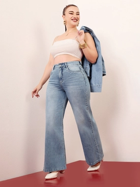 CHASEshape? Women's Light Blue Wide-Leg High-Rise Clean-Look Stretchable Shaping Denim Jeans Daily Basic Clean Piece