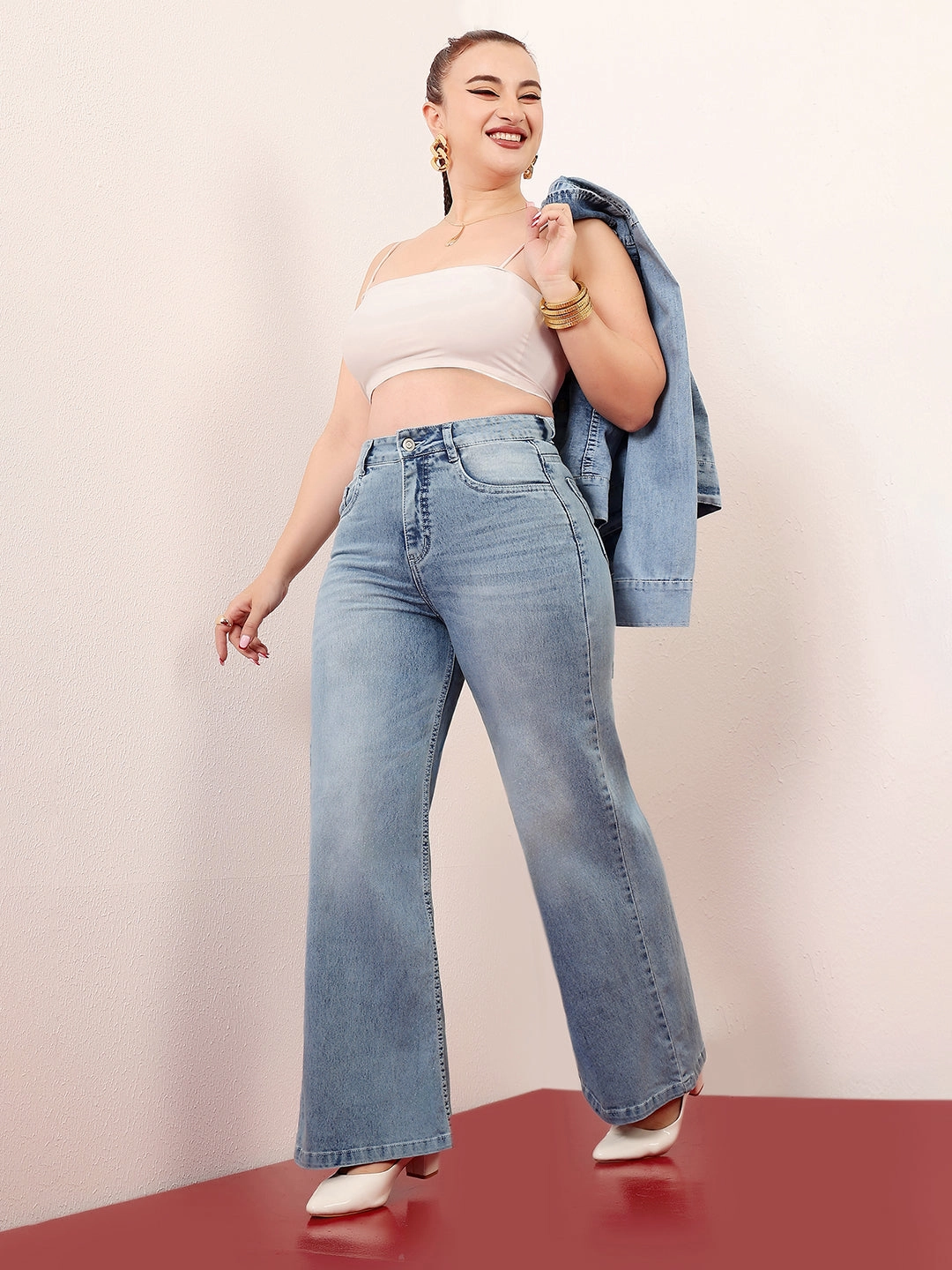 CHASEshape? Women's Light Blue Wide-Leg High-Rise Clean-Look Stretchable Shaping Denim Jeans Daily Basic Clean Piece