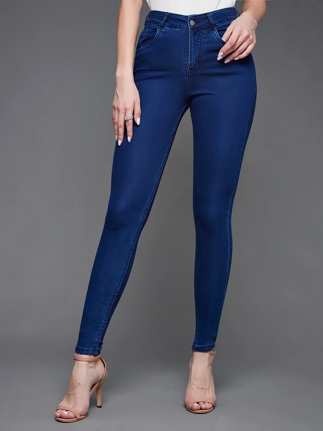 Friction Free Inner Lining Classic Gym Ready 24/7 Comfort Navy-Blue Skinny High-Rise Stretchable Denim Jeans