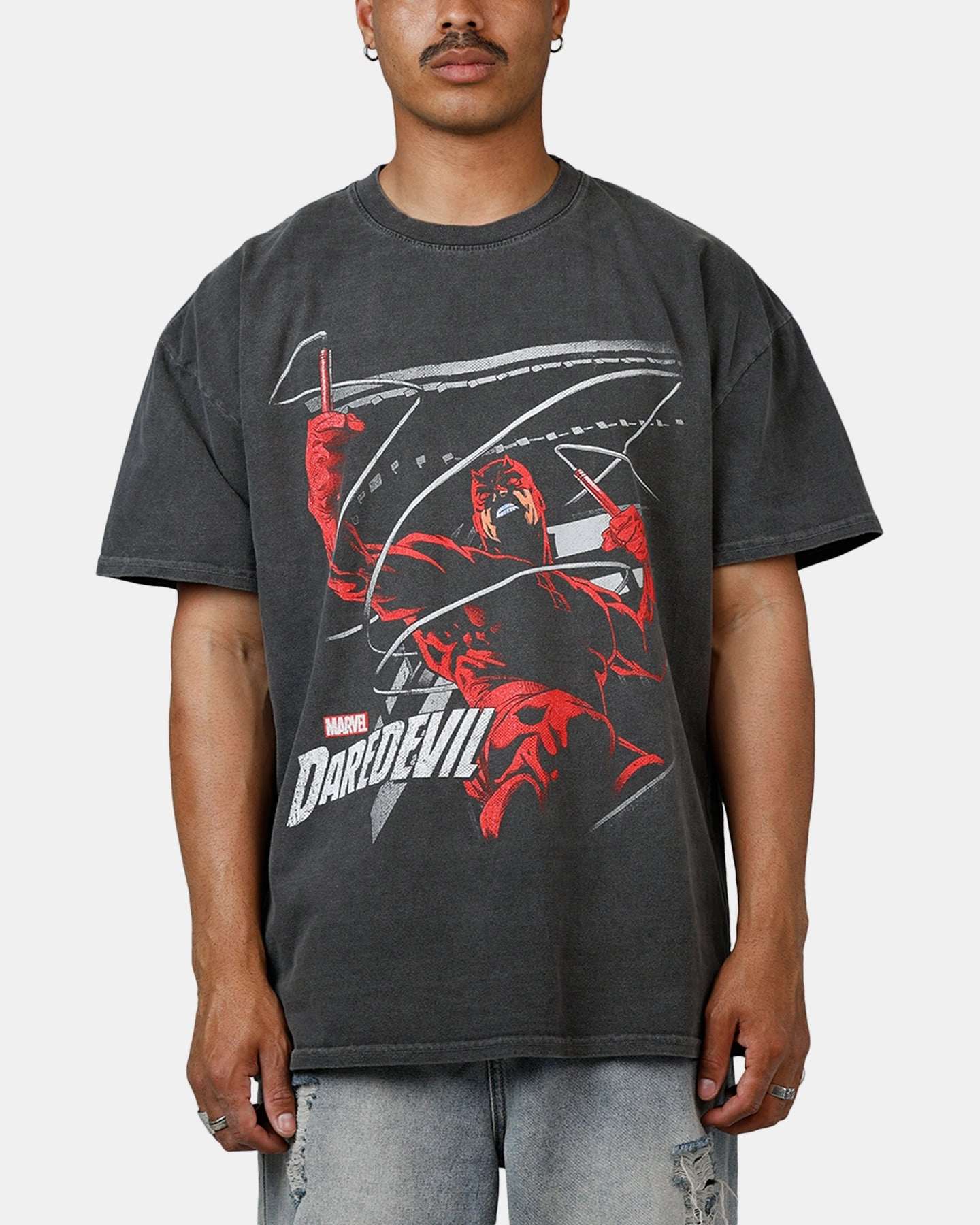 American Thrift Marvel Daredevil Poster Heavyweight T-Shirt Black Wash All Over Print Technique