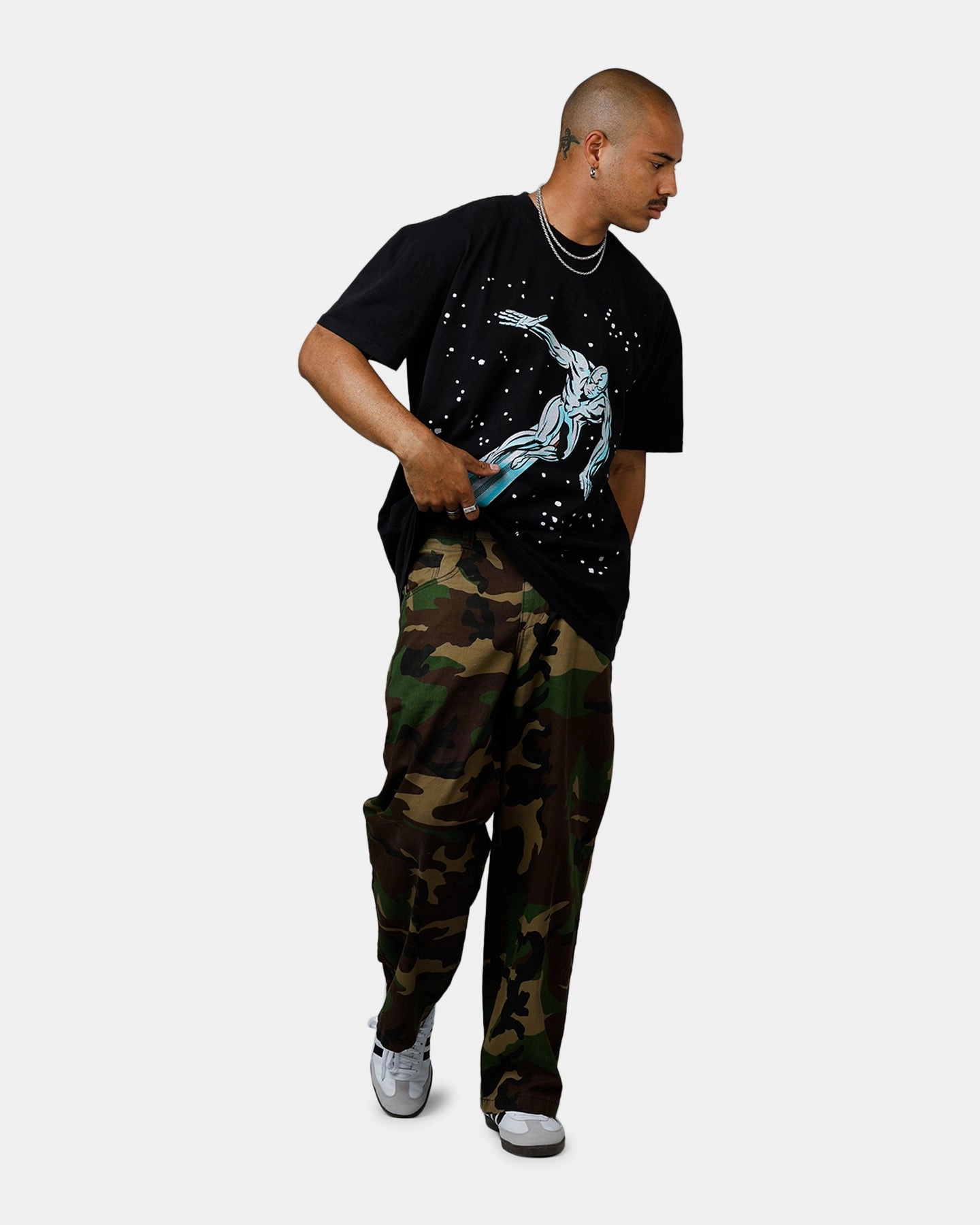 Two Tone Texture Effect American Thrift Marvel Fantastic Four Silver Surfer Vintage T-Shirt Black