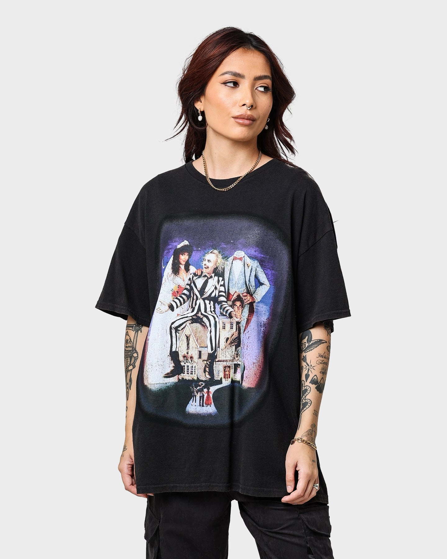 Anti Bacterial Layer Layered Collar Structure American Thrift X Beetlejuice Beetlejuice Vintage T-Shirt Black Wash