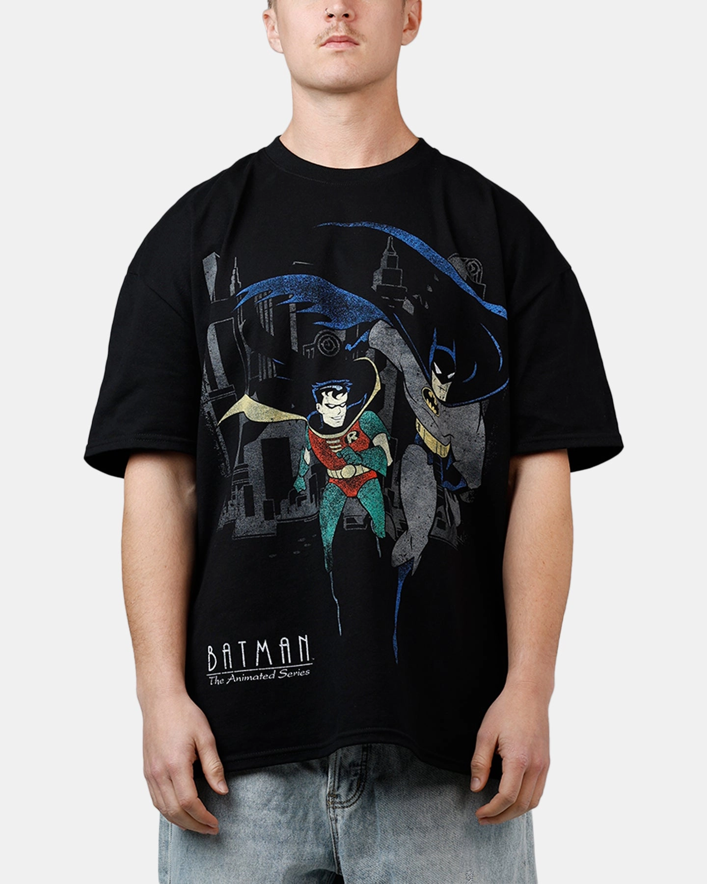 American Thrift X DC 1992 Batman And Robin Heavyweight T-Shirt Black Soft Sweater Stretch Comfort