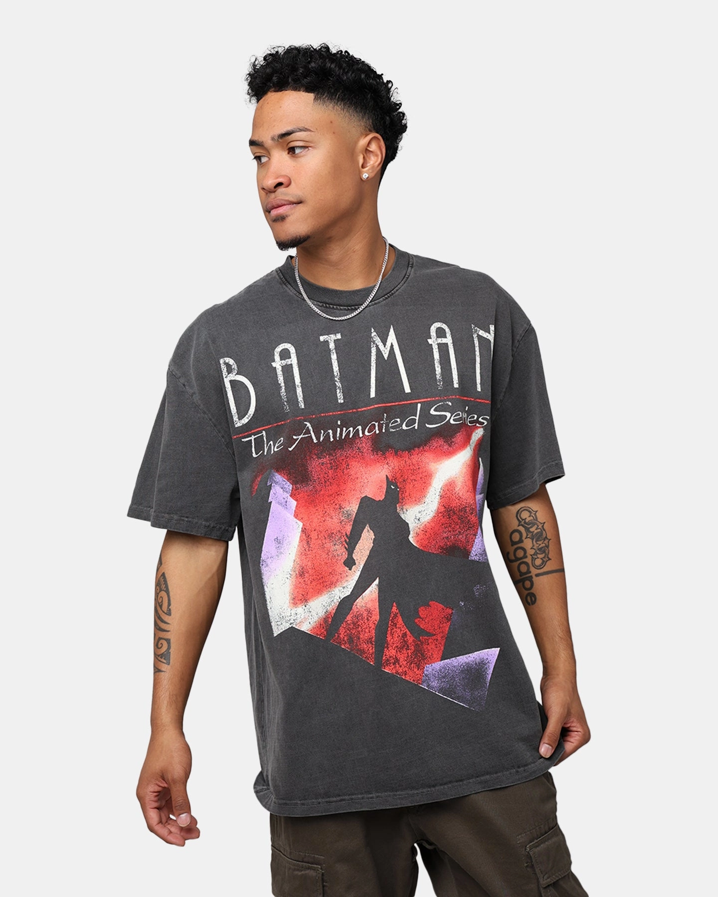 American Thrift X DC Batman The Animated Series Heavyweight Vintage T-Shirt Washed Black Machine Washable Fabric Layered Neckline Details