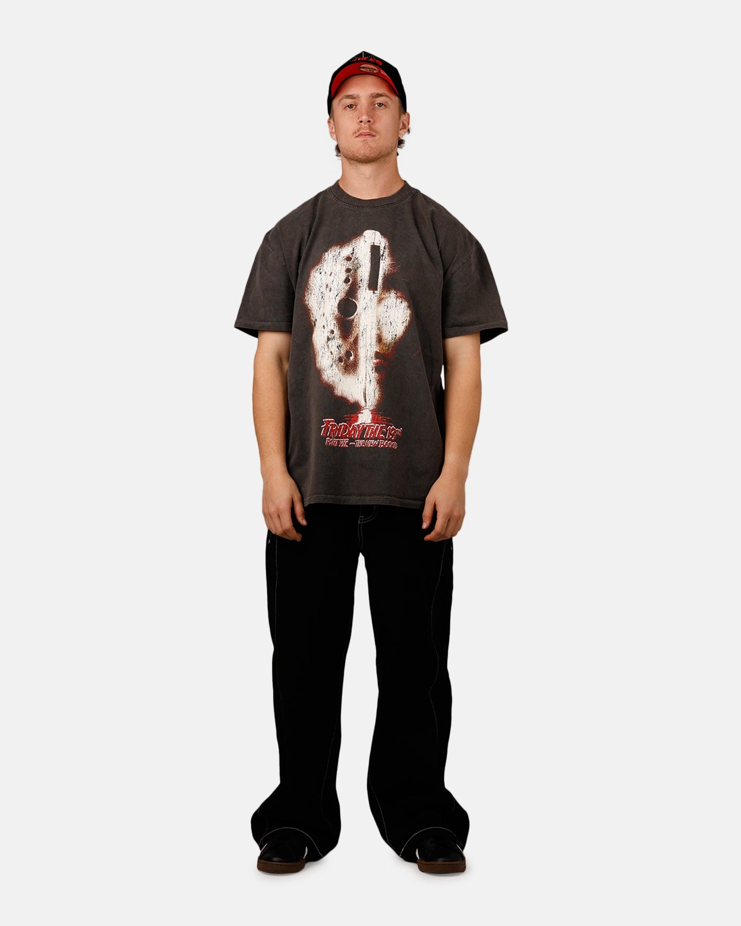 American Thrift X Friday The 13th Part VII 'Horror Classics' The New Blood Heavyweight T-Shirt Black Wash Elegant Cardigan PlacketDetail