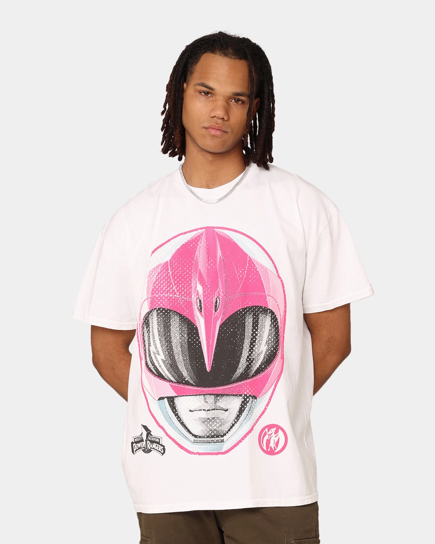 American Thrift X Power Rangers Pink Ranger Big Head Heavyweight T-Shirt White FlexibleCuff