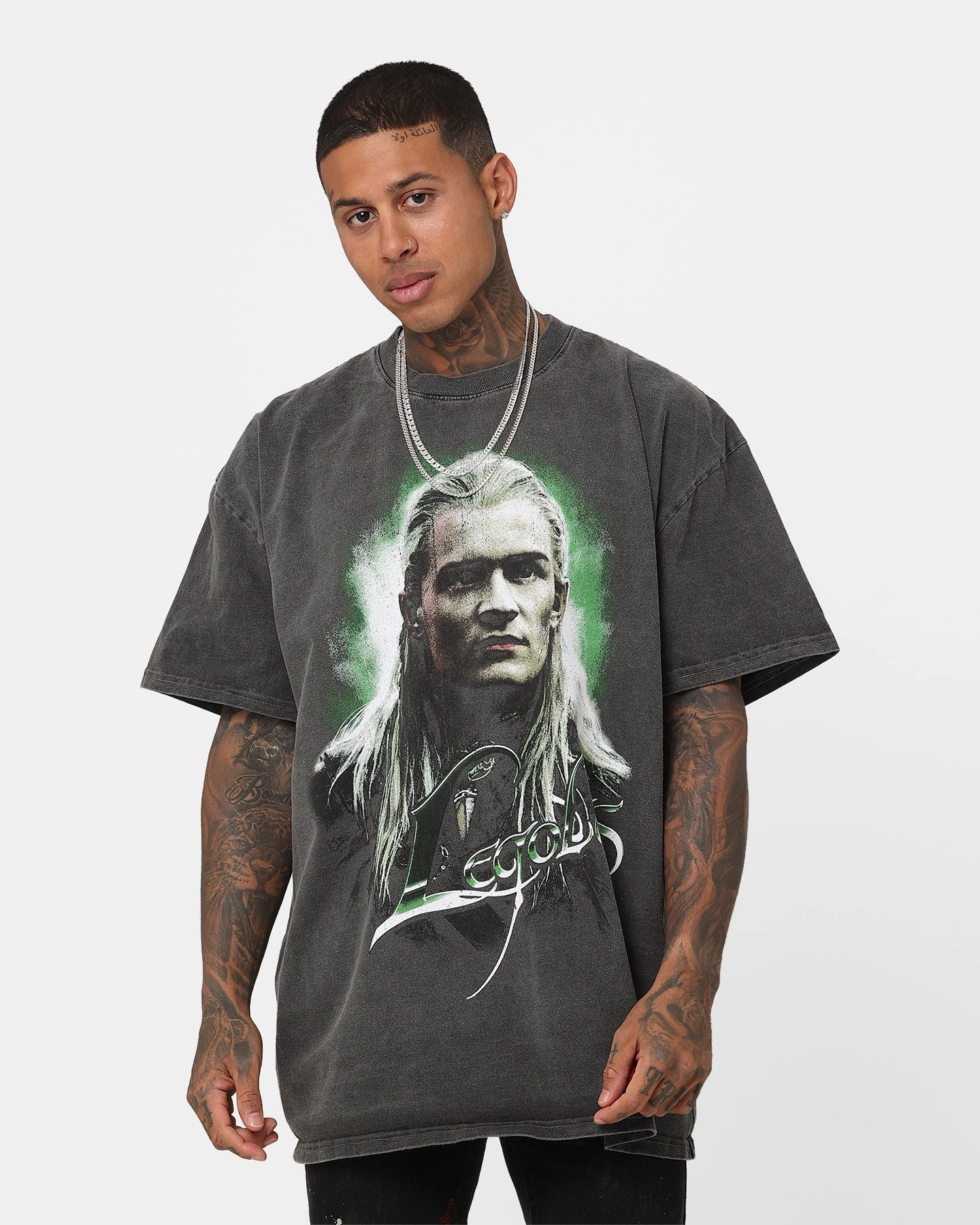 American Thrift X The Lord Of The Rings Legolas Heavyweight Vintage T-Shirt Black Wash Reinforced Buttonholes Reflective Trims