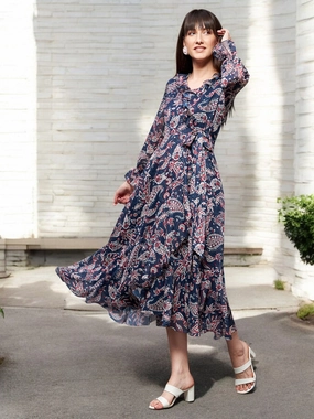 Women's Multicolored-Base-Navy Blue V Neck Full Sleeves Polyester Relaxed Fit Midi Length Dress Autumn Ready Comfortable texture